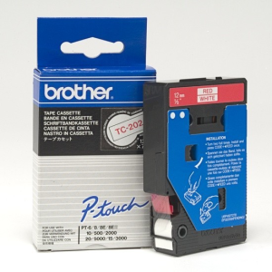Taśma Brother TC-202 12mm x 7,7m czerwony nadruk / białe tło