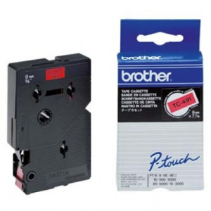Taśma Brother TC-491 9mm x 7,7m czarny nadruk / czerwone tło